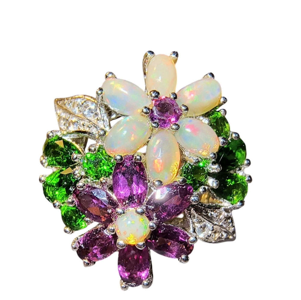 Opal, Chrome Diopside Mult Gemstone  & Sterling Silver Floral Ring